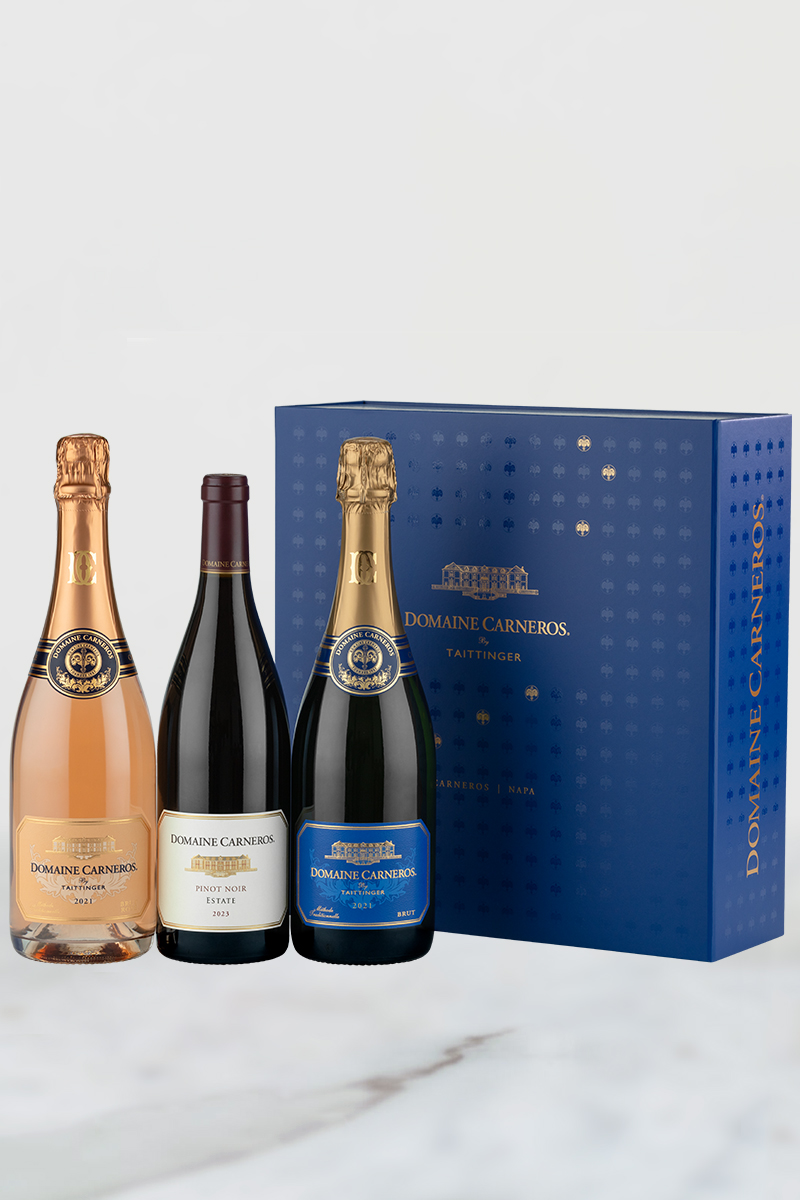 2021 Estate Brut Cuveé, 2021 Brut Rosé, and 2023 Estate Pinot Noir in Blue Box