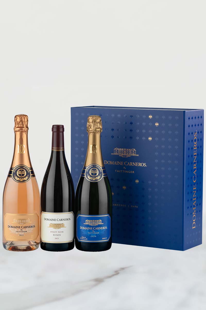 2020 Estate Brut Cuveé, 2021 Brut Rosé, and 2021 Estate Pinot Noir in Blue Box