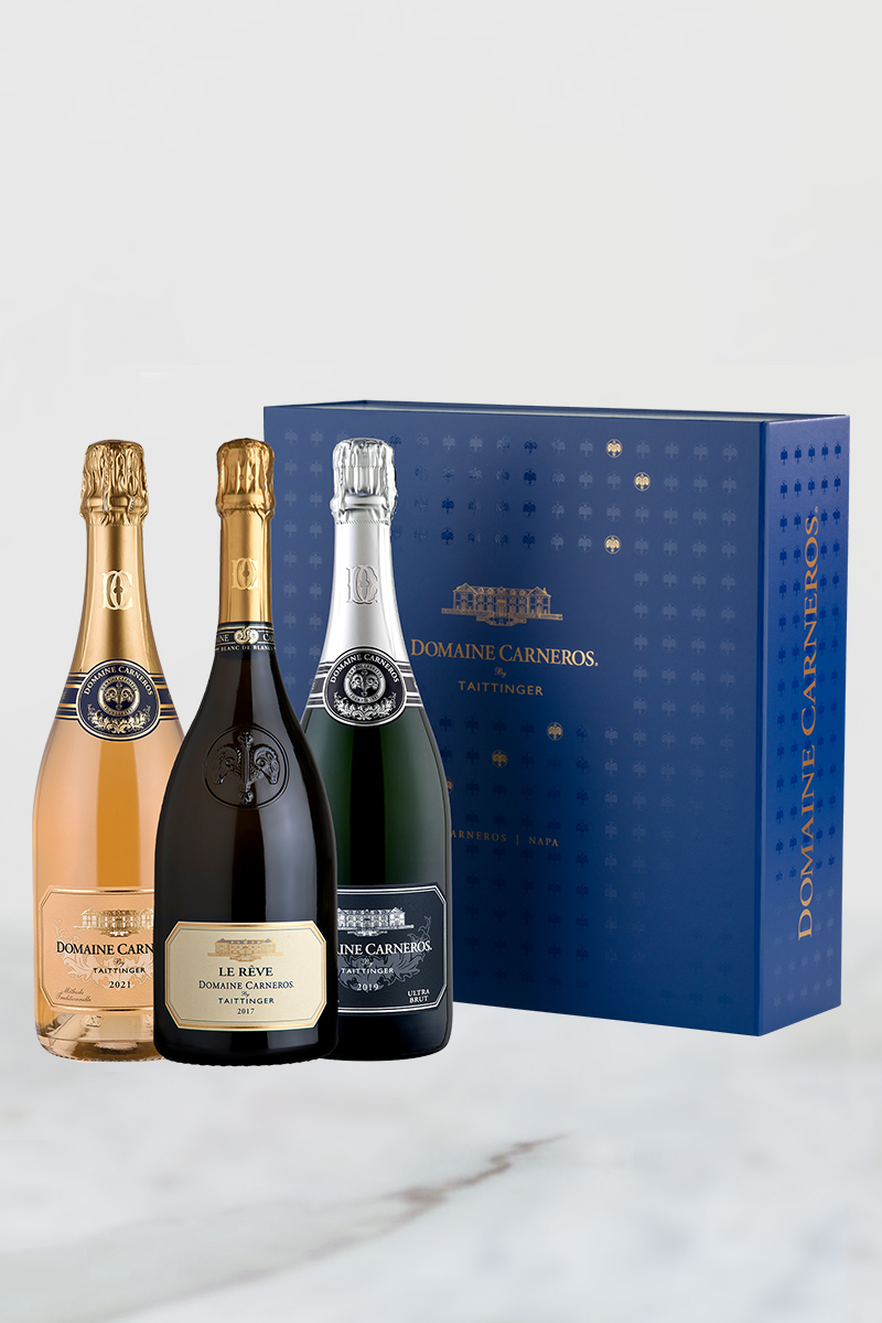 2017 Le Rêve Blanc de Blancs, 2021 Brut Rosé and 2019 Ultra Brut in our signature blue box.