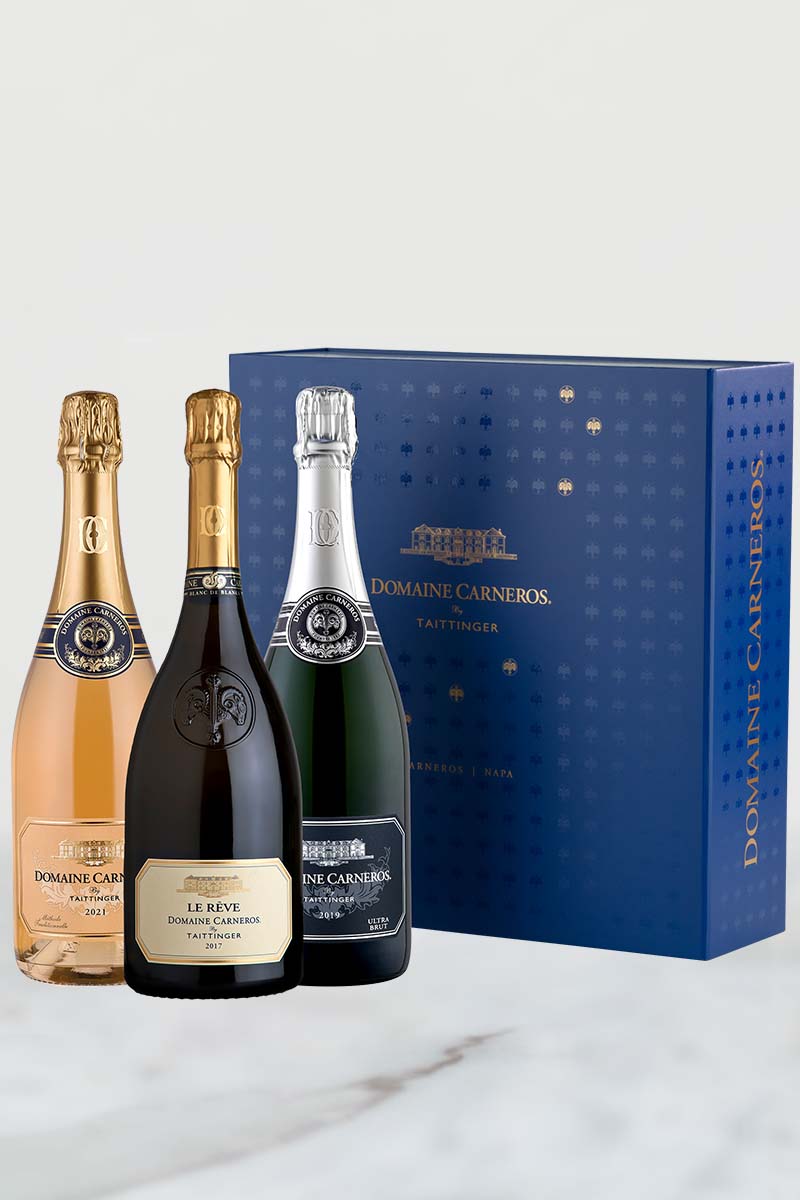 2017 Le Rêve Blanc de Blancs, 2021 Brut Rosé and 2019 Ultra Brut in our signature blue box.