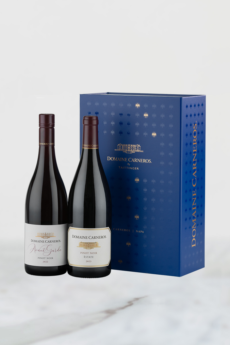2022 Avant-Garde and 2023 Estate Pinot Noir in blue box
