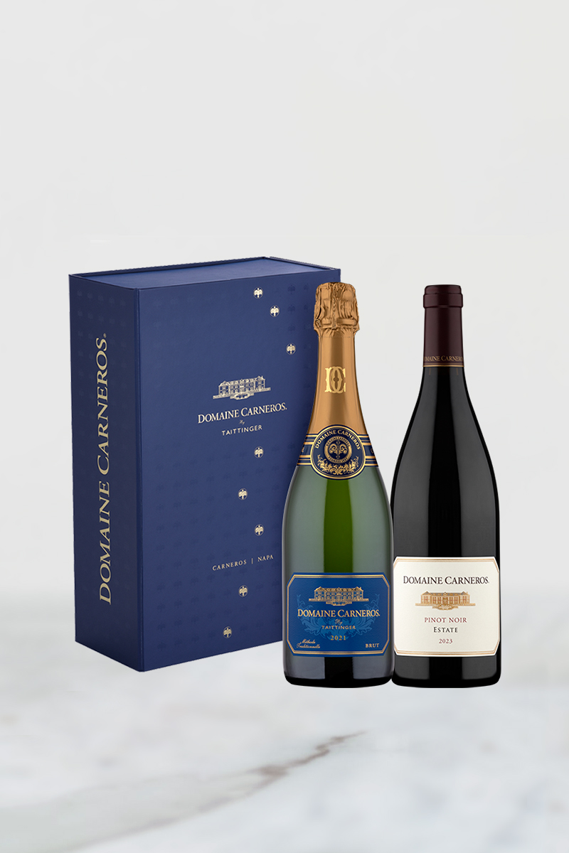 2021 Estate Brut Cuvée and 2023 Estate Pinot Noir with blue box