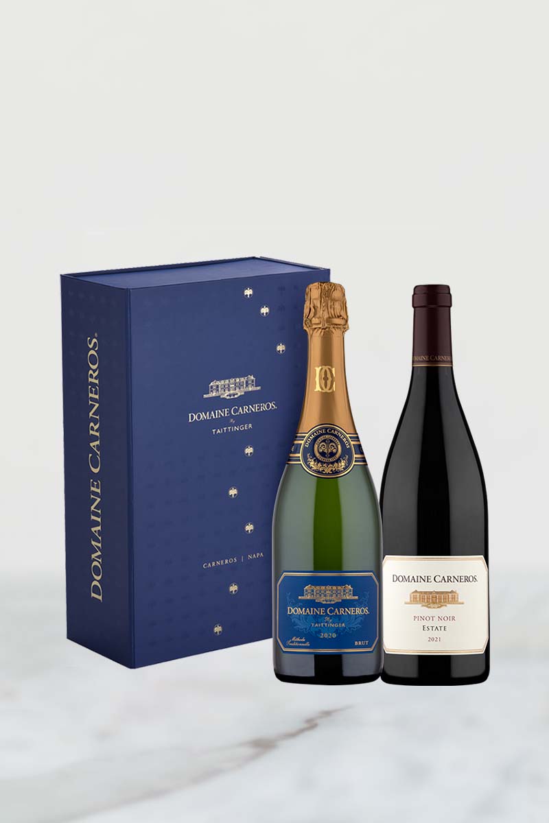2020 Estate Brut Cuvée and 2021 Estate Pinot Noir with blue box