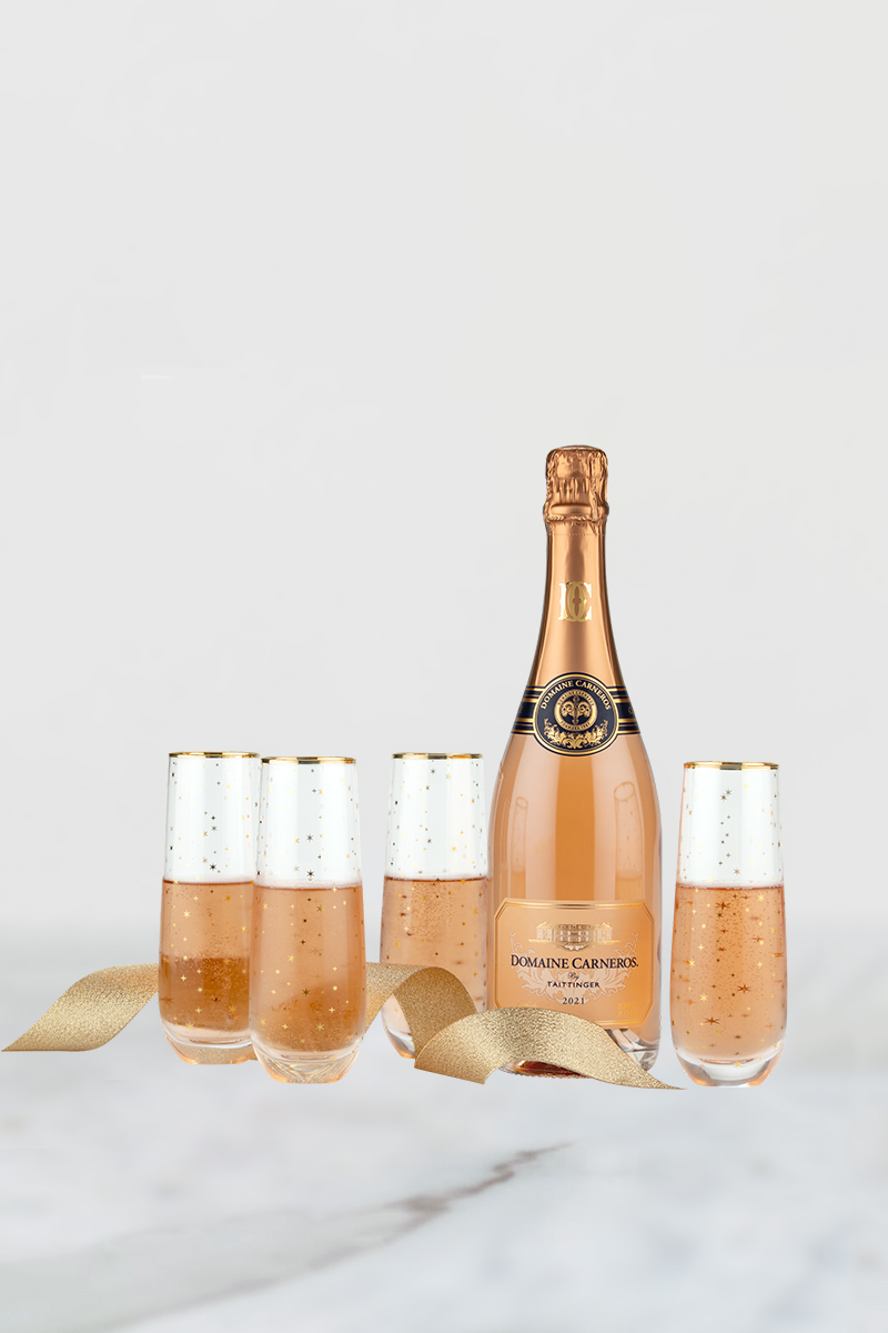 2021 Brut Rose and 4 gold-rimmed stemless festive flutes