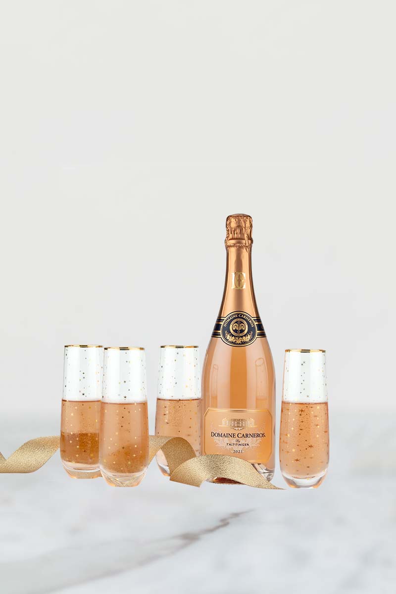 2021 Brut Rose and 4 gold-rimmed stemless festive flutes