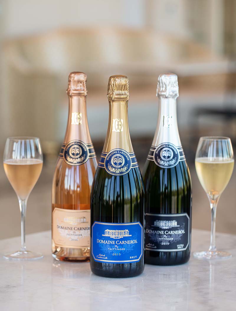 Trio of sparkling wine on marble tabletop