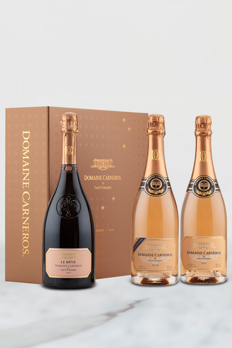 2021 Brut Rosé, 2020 Late Disgorged Rosé, and 2019 Le Reve Rosé in a rose gold box