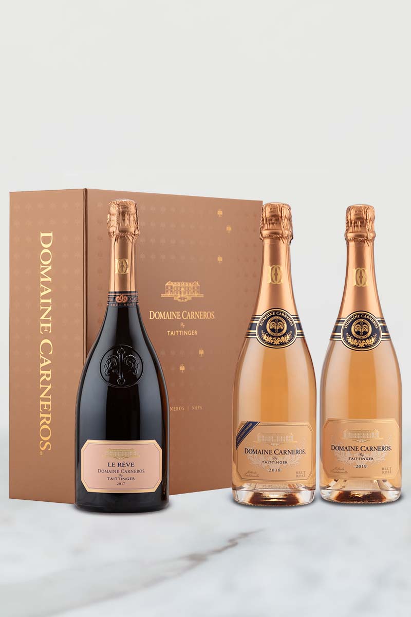 2019 Brut Rosé, 2018 Late Disgorged Rosé, and 2017 Le Reve Rosé in a rose gold box