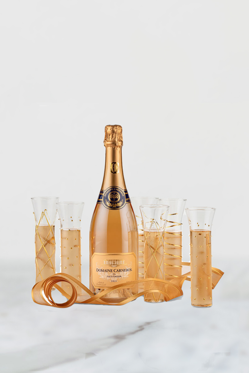 2021 Brut Rose and 6 stemless gold embossed flutes