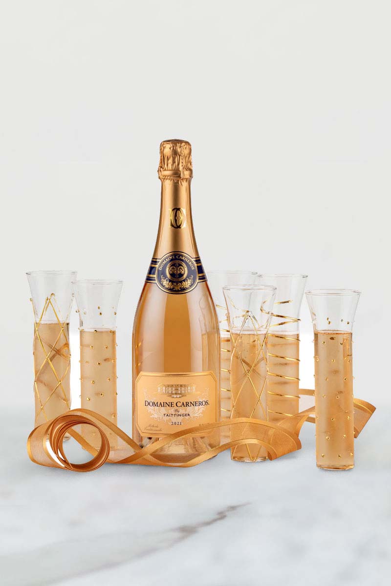 2021 Brut Rose and 6 stemless gold embossed flutes