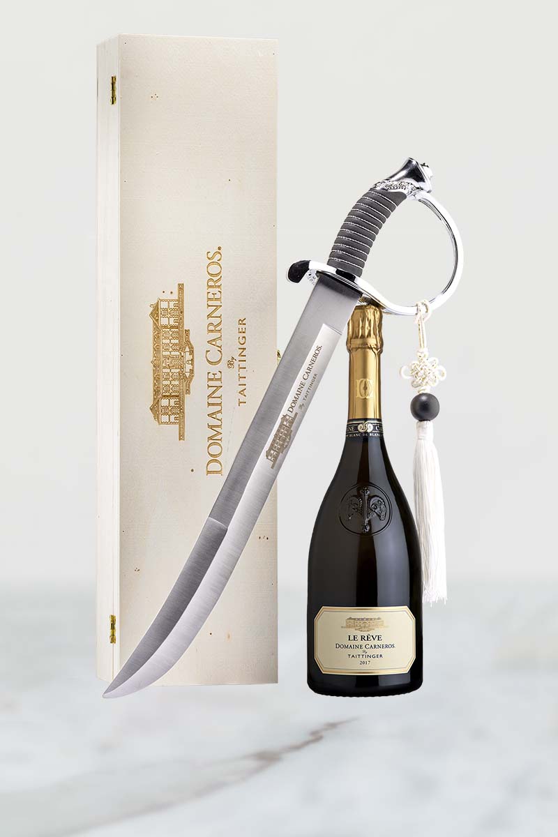 2017 Le Rêve Blanc de Blancs with Saber stainless steel blade engraved with the Domaine Carneros logo. 