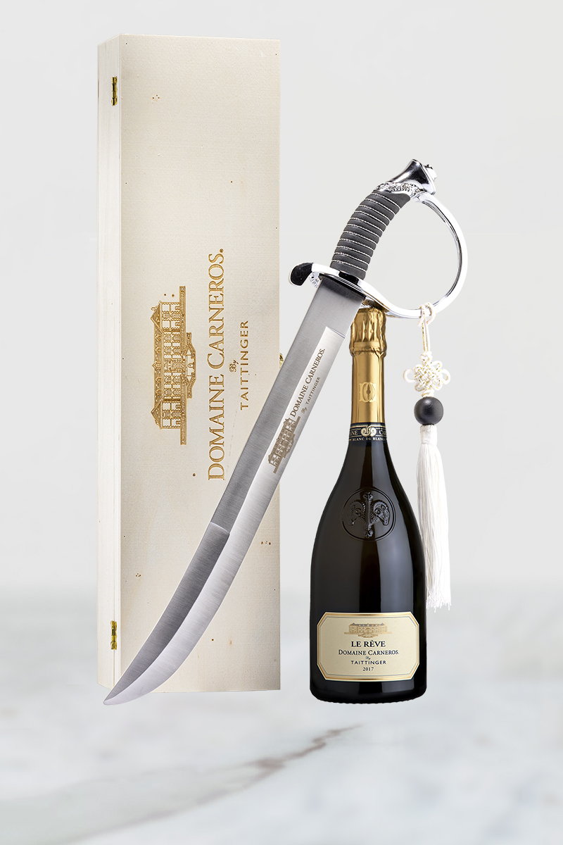 2017 Le Rêve Blanc de Blancs with Saber stainless steel blade engraved with the Domaine Carneros logo.