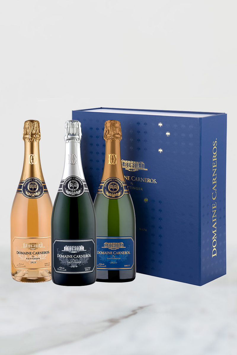 2021 Estate Brut, 2021 Brut Rosé and 2019 Ultra Brut in our signature blue box.