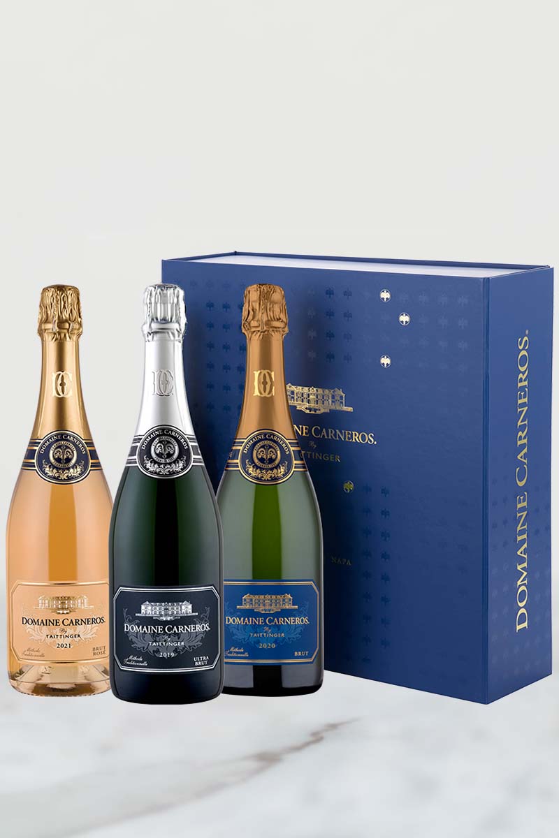 2020 Estate Brut, 2021 Brut Rosé and 2019 Ultra Brut in our signature blue box.