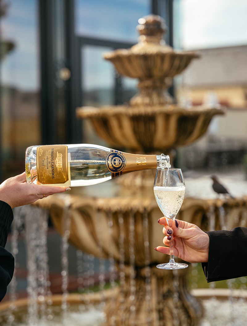 blanc de blancs bottle pouring infront of fountain