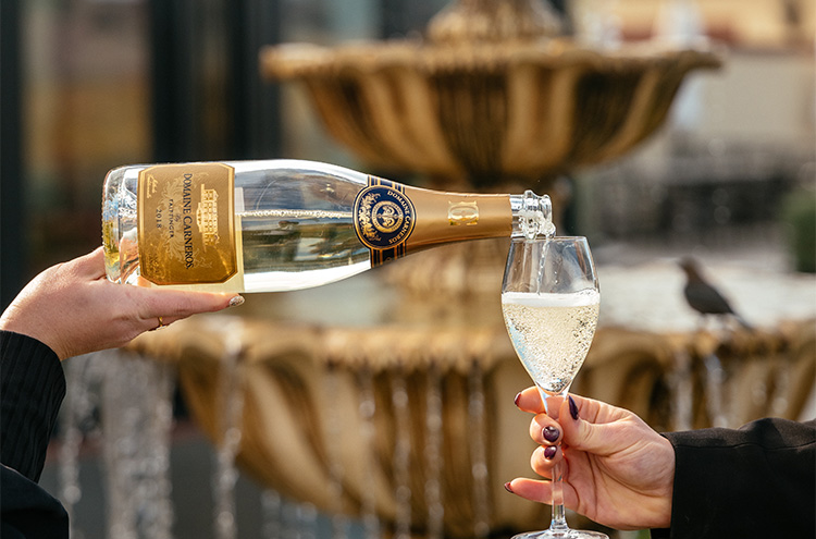 blanc de blancs bottle pouring infront of fountain