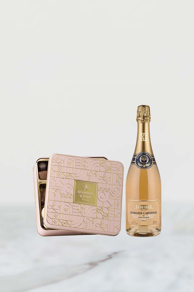 Bonnie & Pop tin of chocolate with Brut Rose and glass