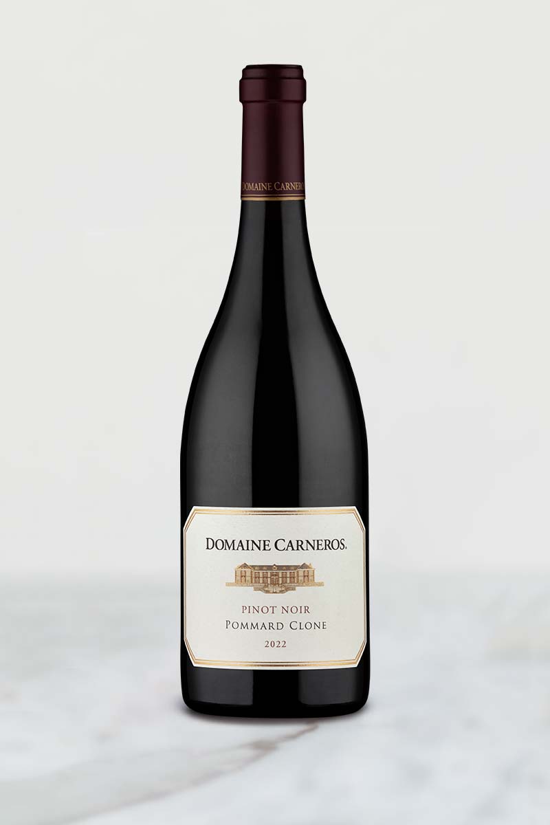 Bottle of 2022 Pommard Clone Pinot Noir on marble background