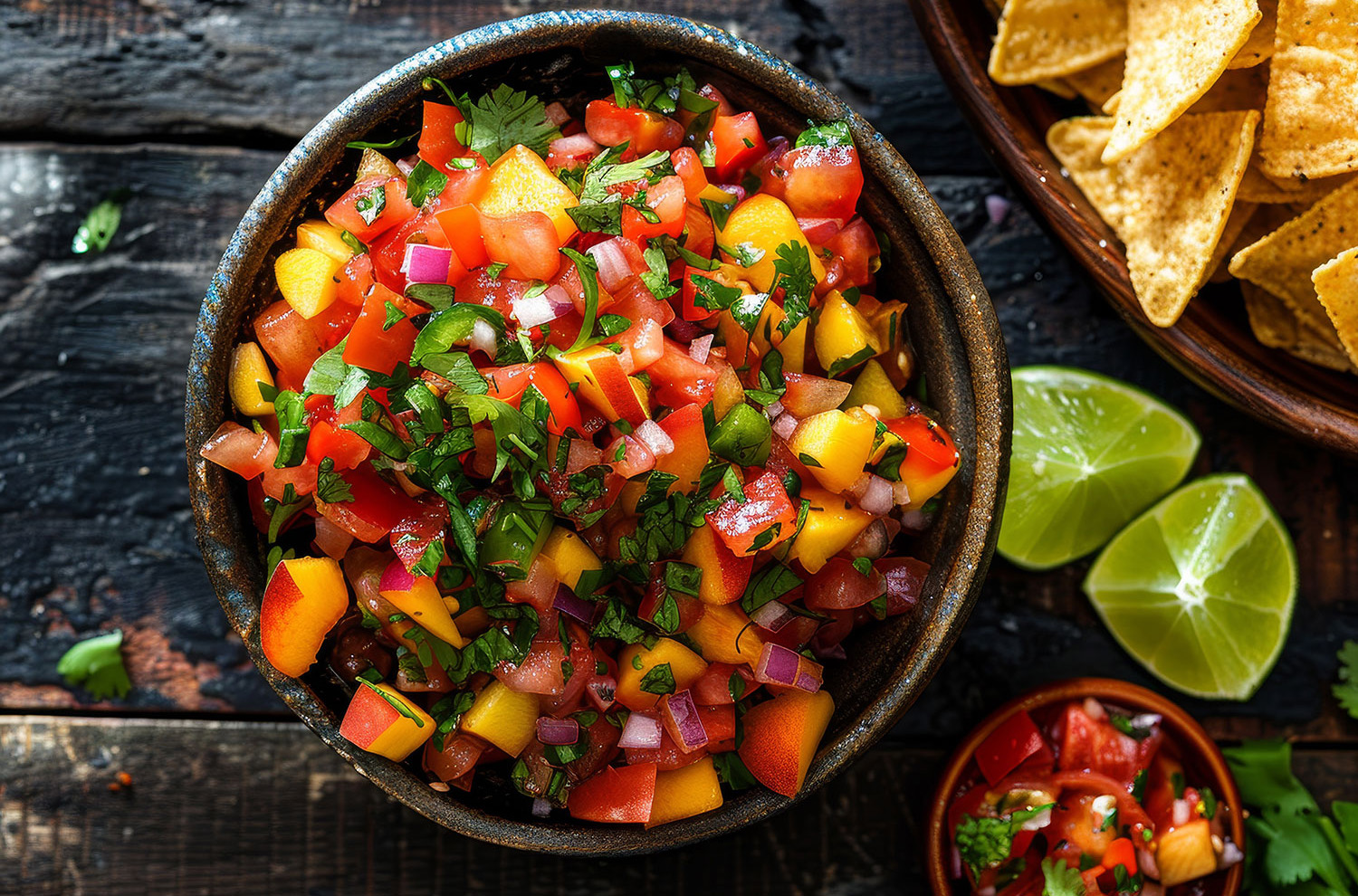 bowl of peach salsa on counter top with lime wedges and chips