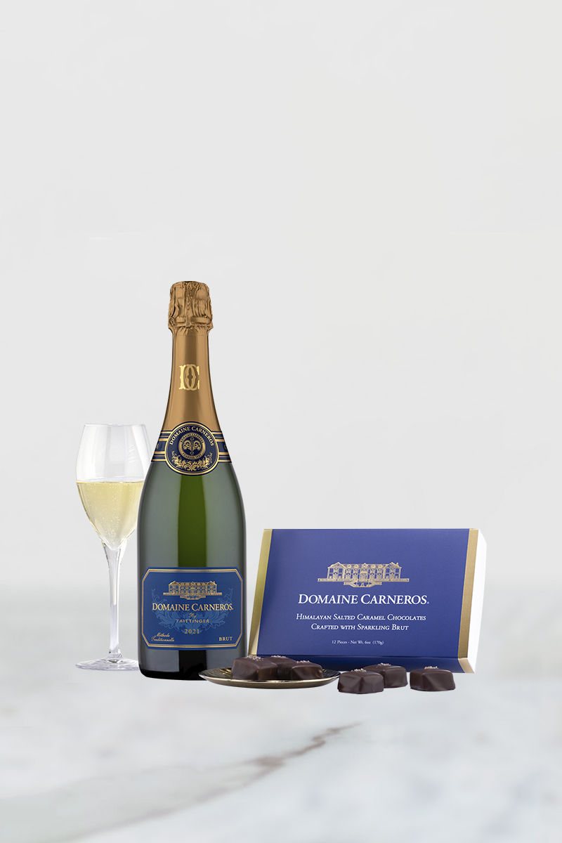 Bottle of 2021 Estate Brut and Domaine Carneros Chocolates