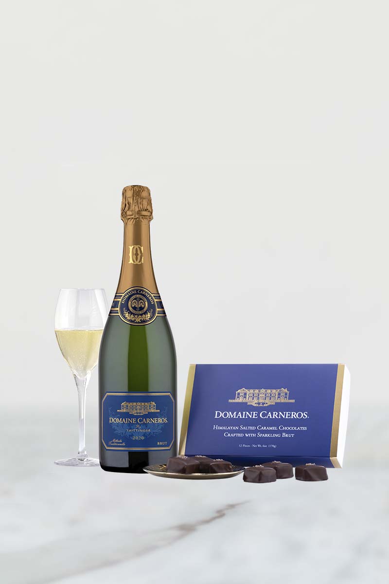 Bottle of 2020 Estate Brut and Domaine Carneros Chocolates