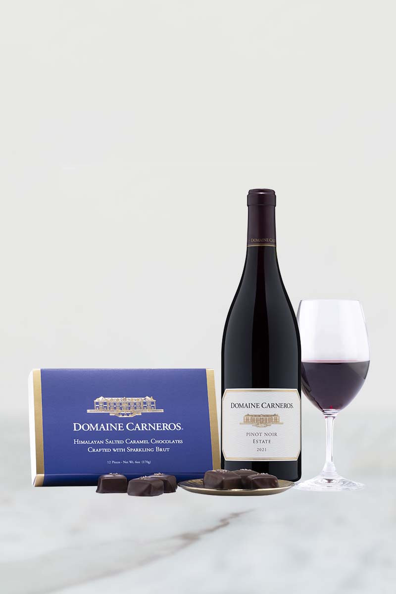 2021 Estate Pinot Noir and Domaine Carneros chocolate by Anette's of Napa Valley.