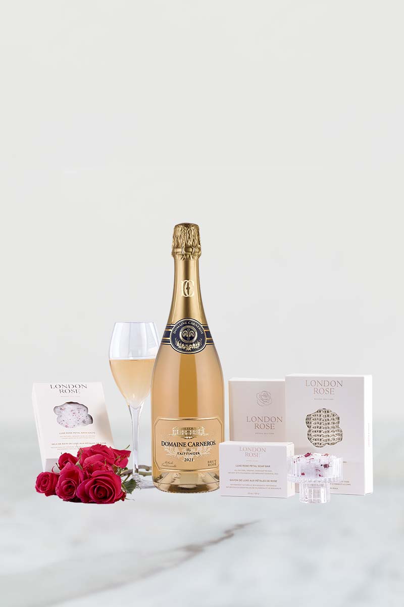 bottle of 2021 Brut Rose with spa set from London Rose