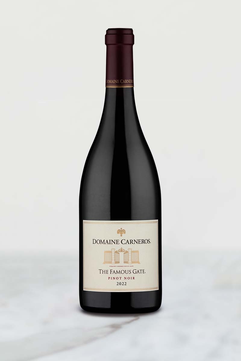 Bottle of 2022 Famous Gate Pinot on marble