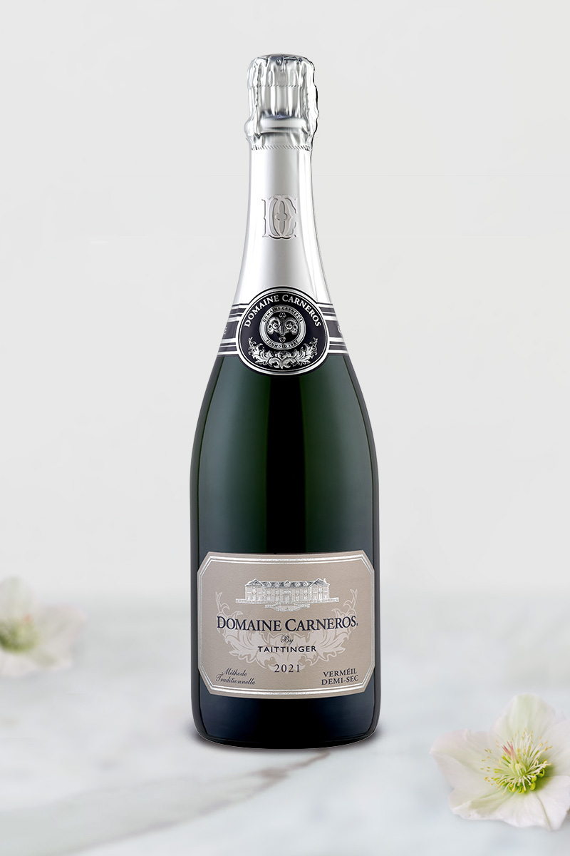 Bottle of 2021 Vermeil Demi-Sec on marble background