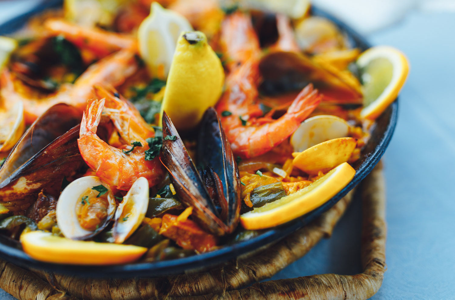 seafood paella with lemon