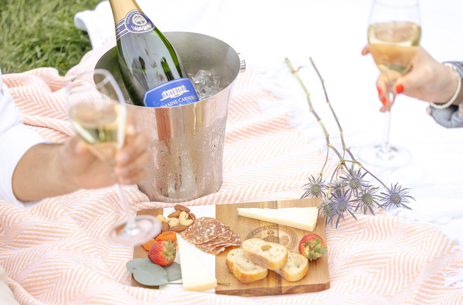 ice bucket with Estate Brut on picnic blanket with glasses and board