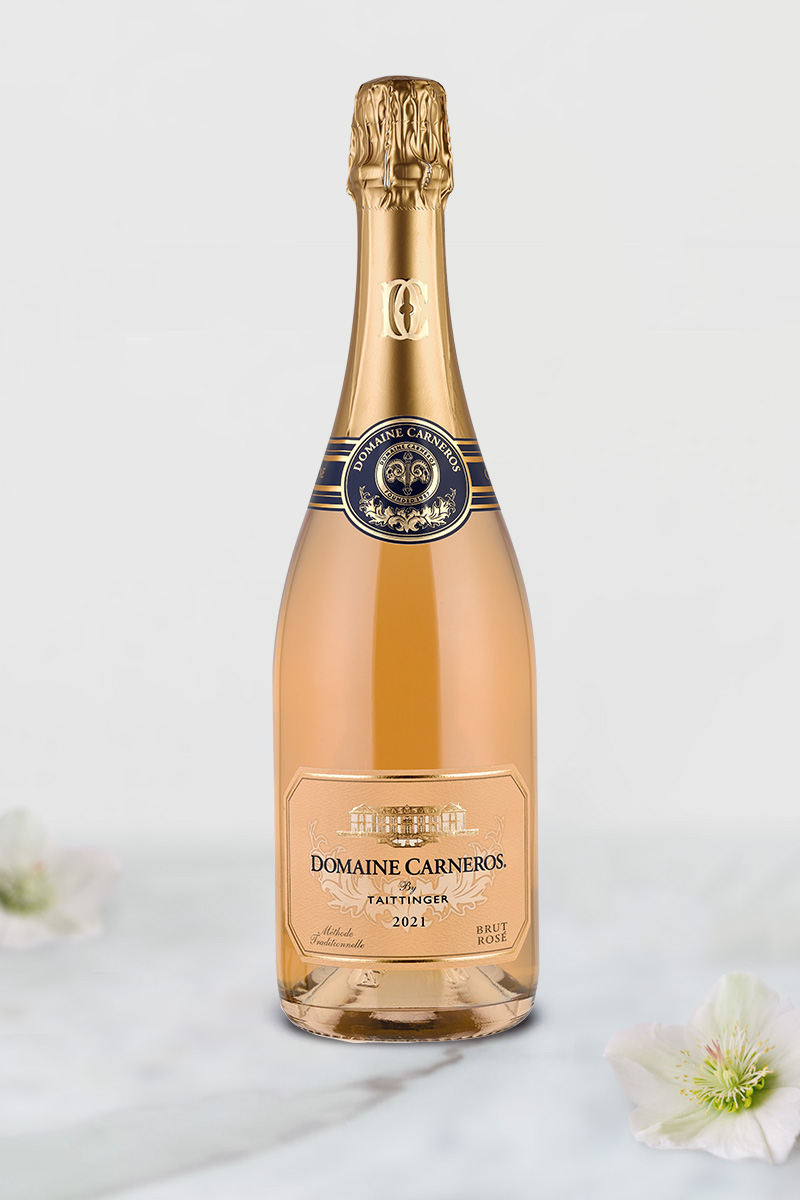 Bottle of 2021 Brut Rosé on marble background