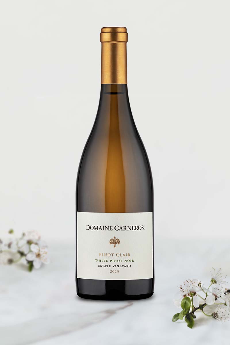 Bottle of 2023 Pinot Clair on marble background