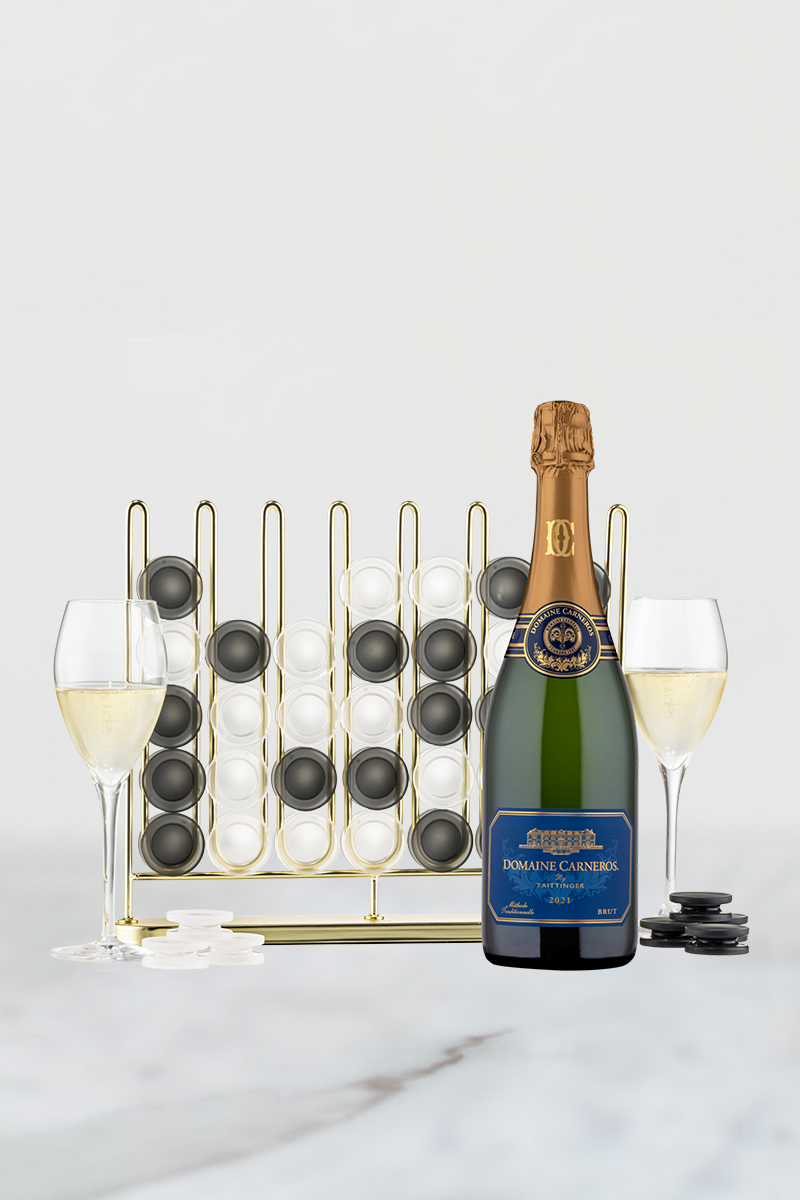 Four-in-a-Row game with 2021 Estate Brut and glasses