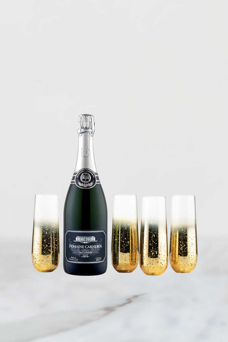 Stemless gold flutes and 2019 Ultra Brut on marble