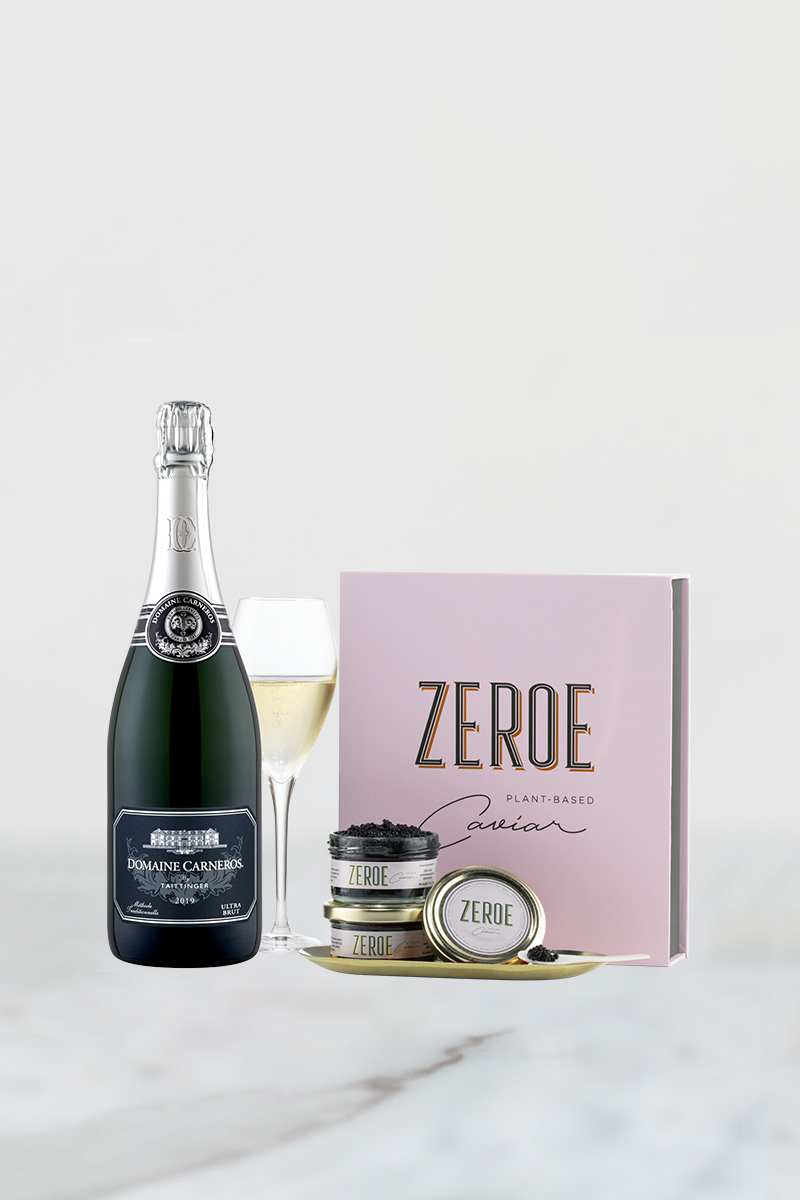 Zeroe vegan caviar set with 2019 Ultra Brut on marble background