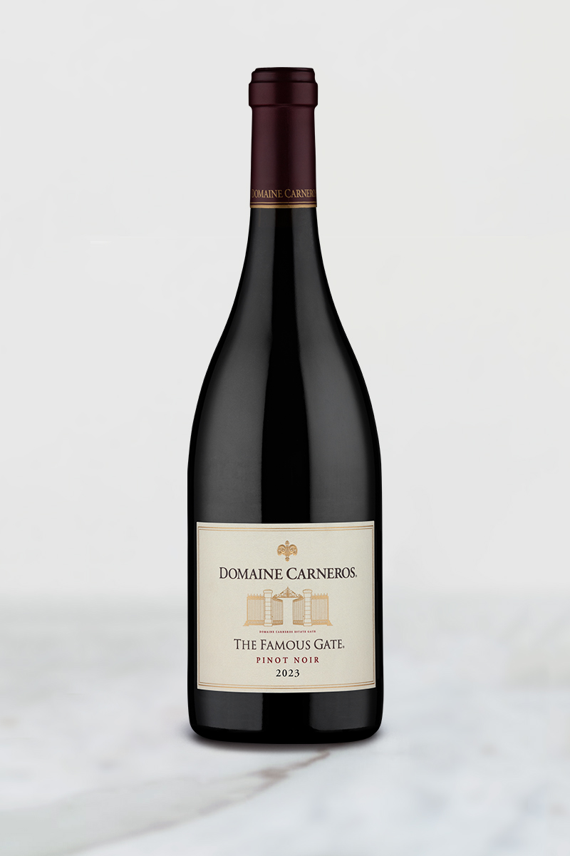 Bottle of 2023 Famous Gate Pinot on marble