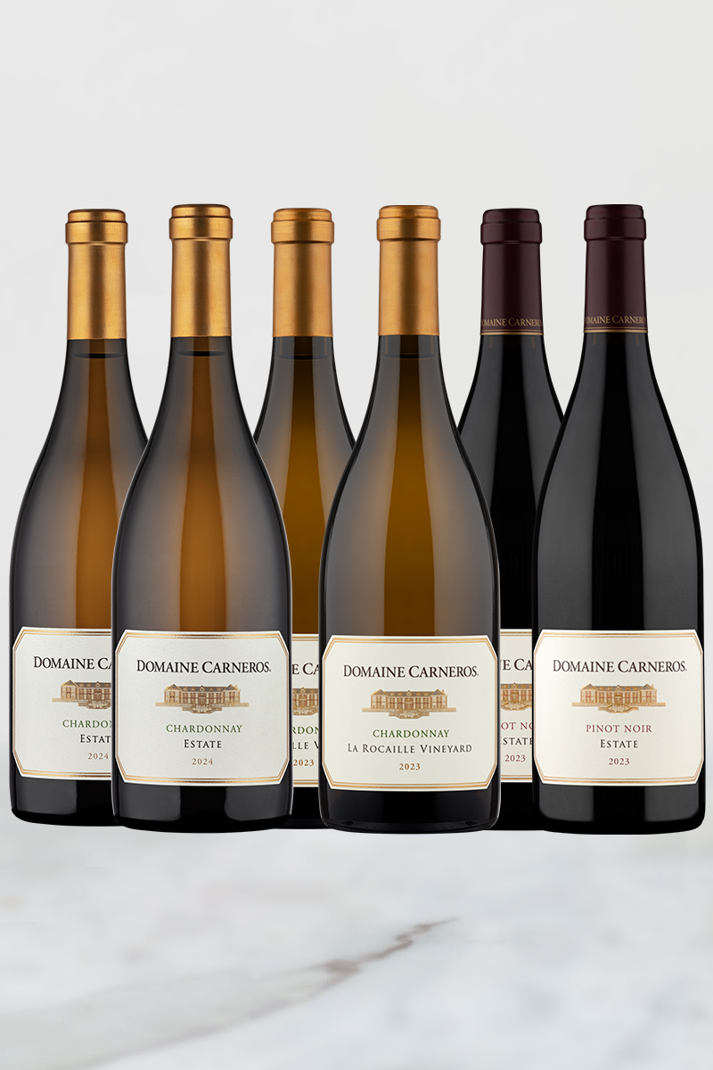 Bottles of 2024 Estate Chardonnay, 2023 La Rocaille, and 2023 Estate Pinot