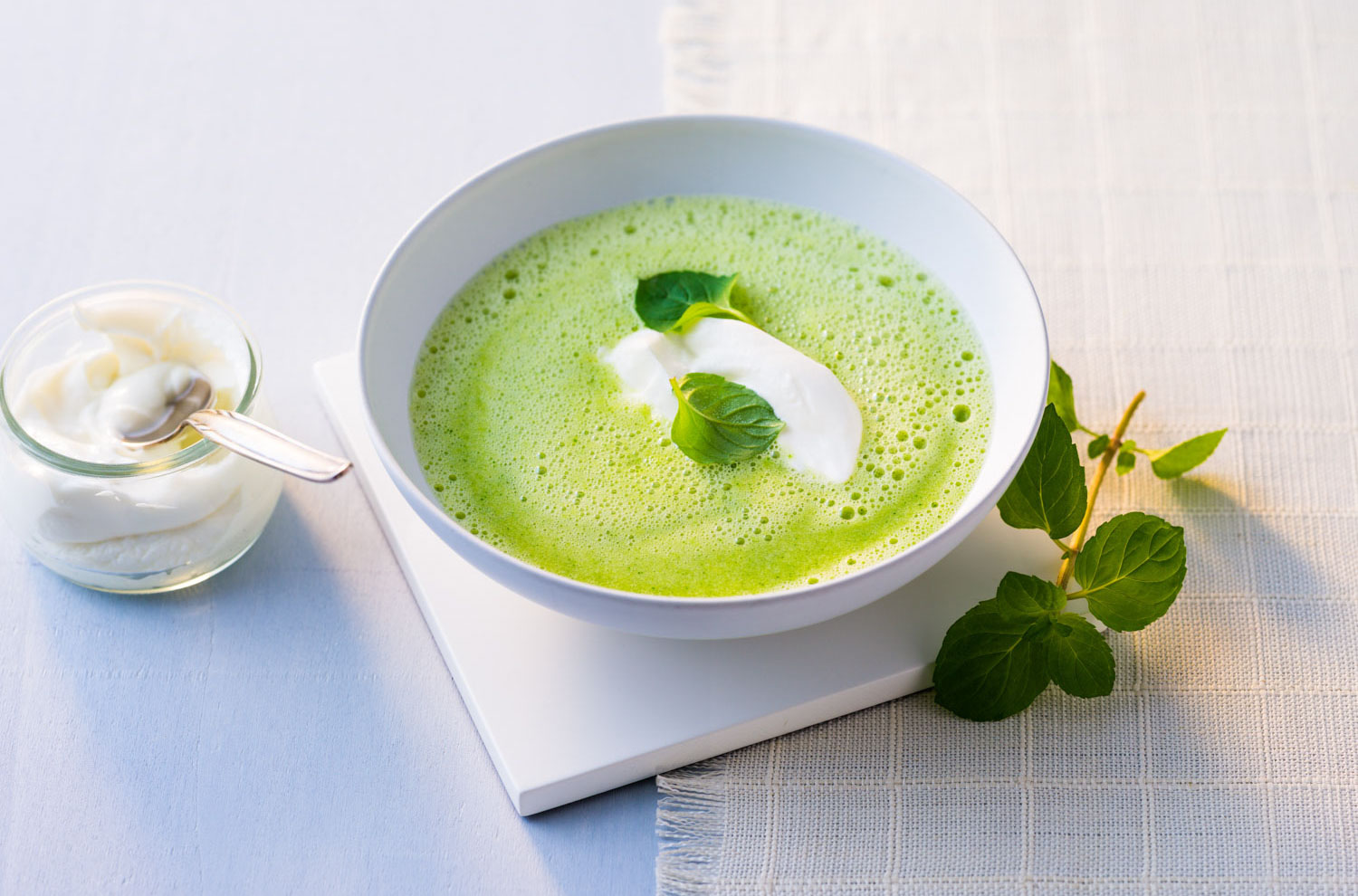 Spring Pea Soup with Crème Fraîche & Chive Oil