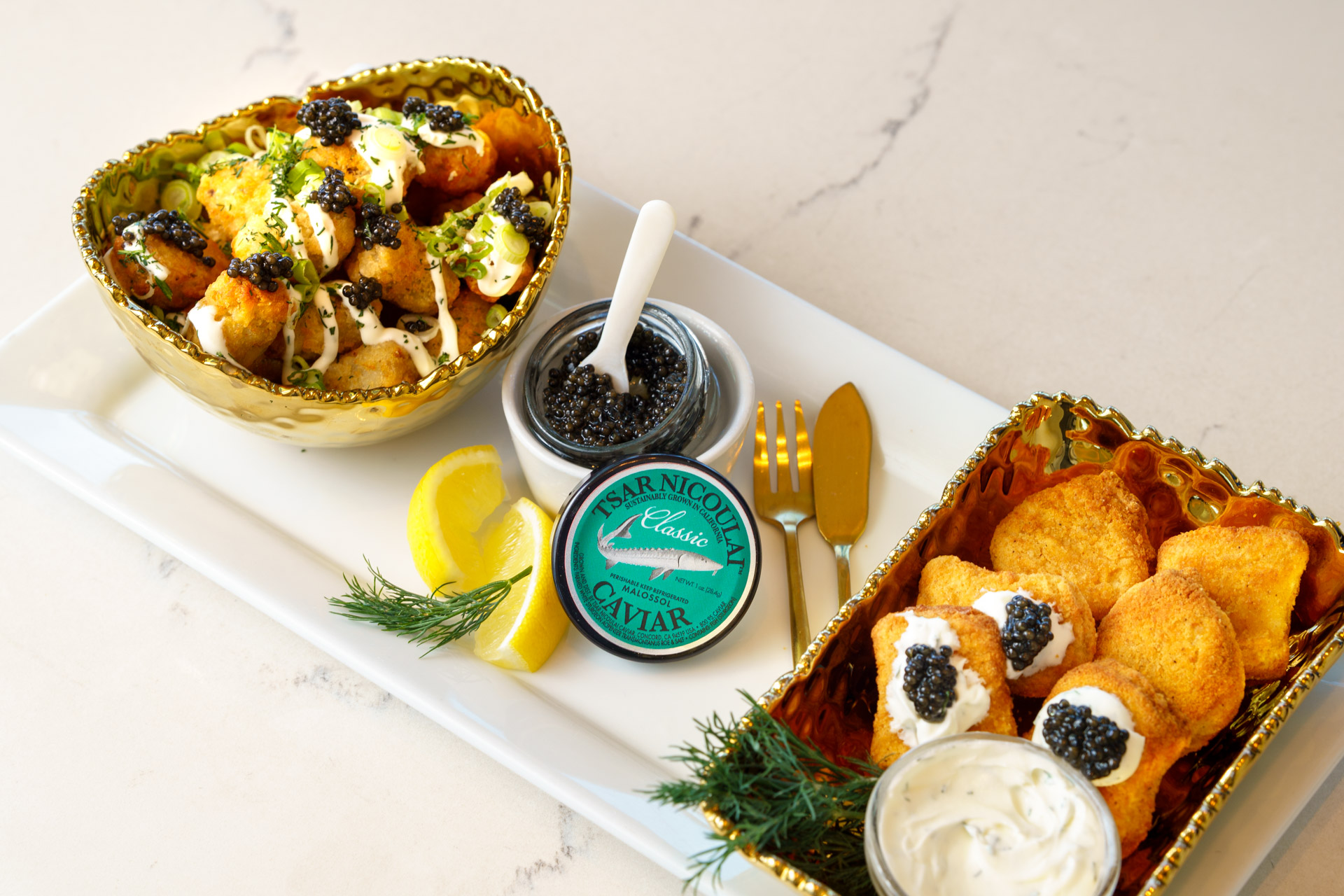 caviar with chicken nuggets and tater tots