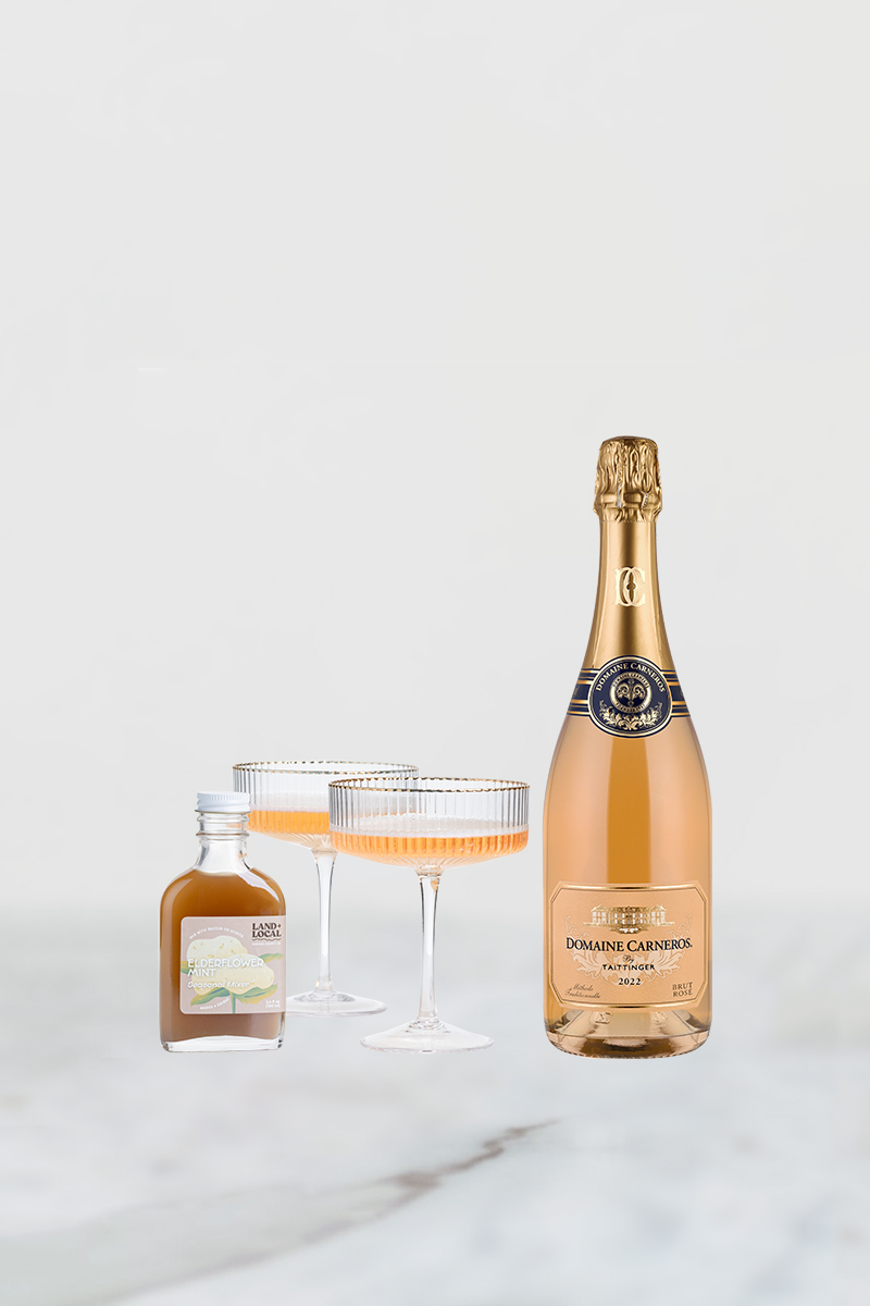 2022 Brut Rose and 2 gold-rimmed coupes with Land + Local Elderflower Mint Botanical Mixer