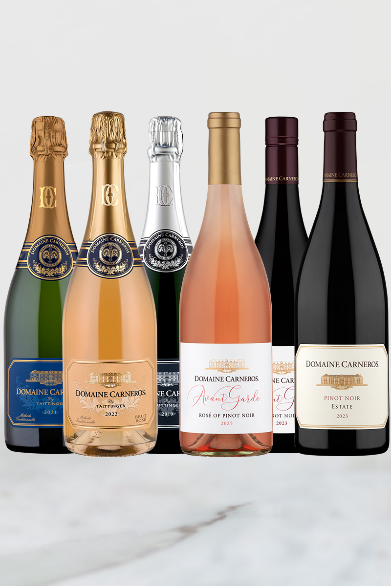Bottles of 2019 Ultra Brut, 2021 Estate Brut, 2022 Brut Rose, 2025 Avant-Garde Rose, 2023 Avant-Garde Pinot, and 2023 Estate Pinot