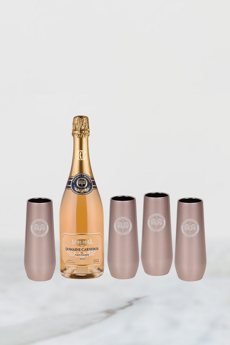 2022 Brut Rose with four insulated burgundy flutes