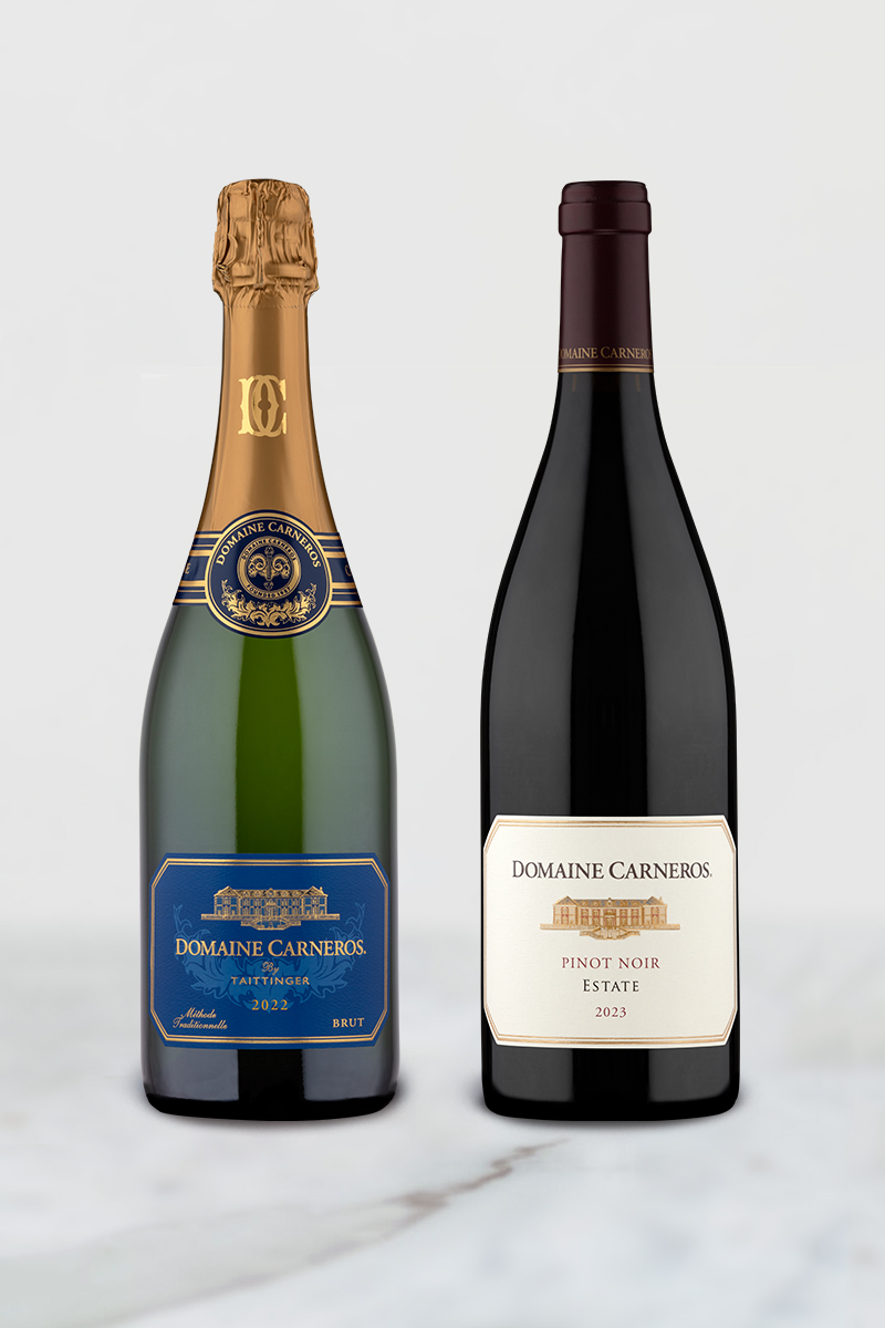 Two bottles of wine, one sparkling wine, one pinot noir