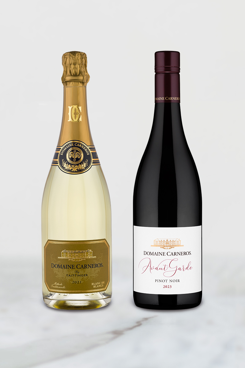 Two bottles of wine, one sparkling wine, one pinot noir